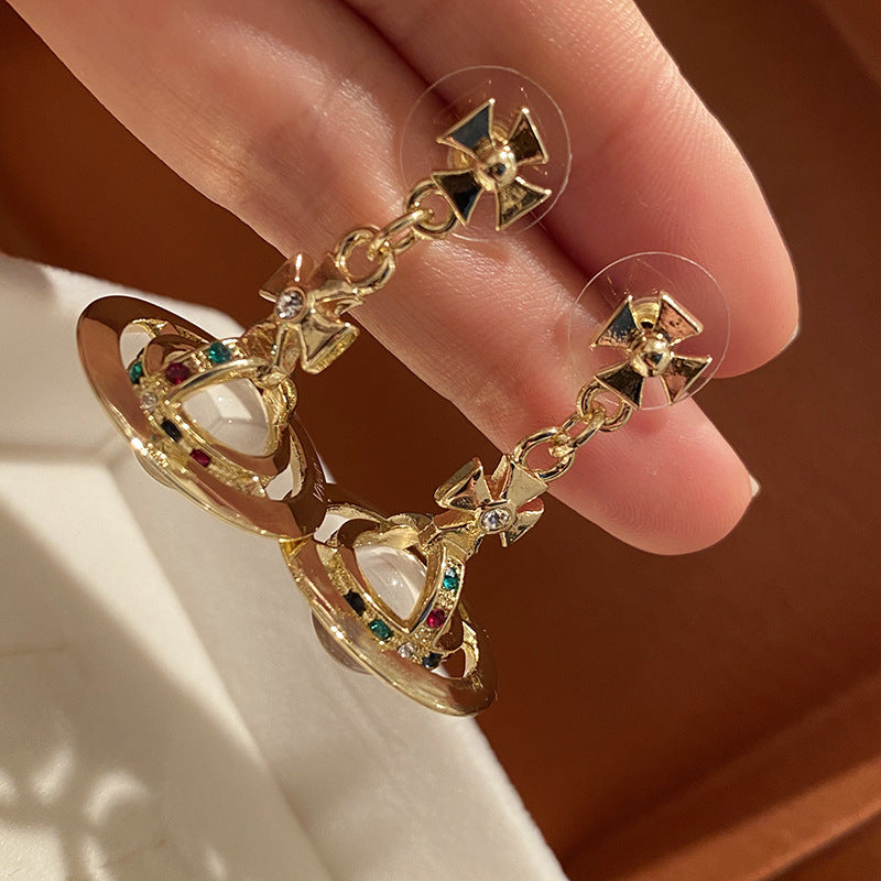 Gold Inlaid Color Pickaxe Stone Earth Planet Earrings Classic Crystal Ball Earrings