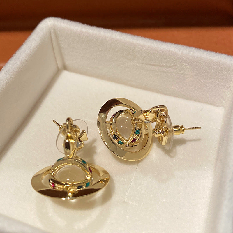 Gold Inlaid Color Pickaxe Stone Earth Planet Earrings Classic Crystal Ball Earrings