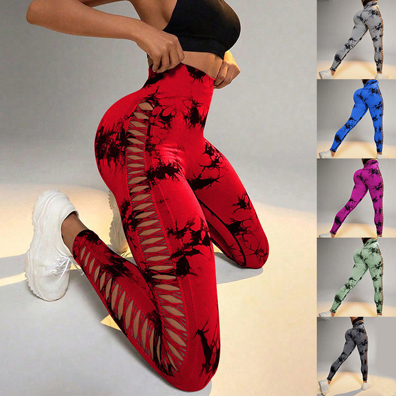Fashi Glow Hollow Tie-Dye Yoga Pants – High Waist Butt Lift Seamless Fitness & Gym