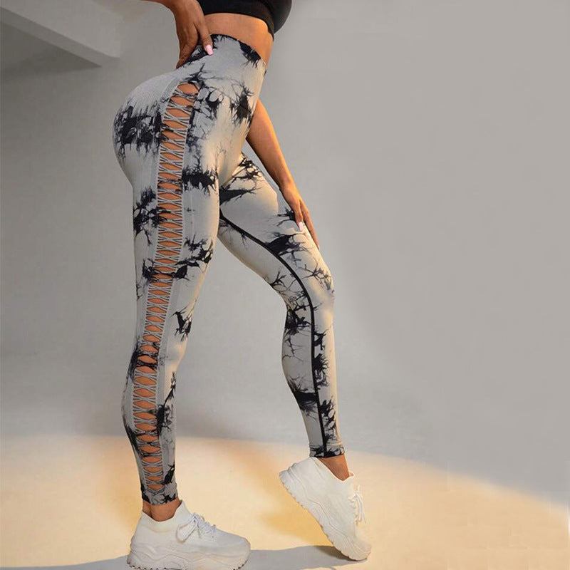 Fashi Glow Hollow Tie-Dye Yoga Pants – High Waist Butt Lift Seamless Fitness & Gym