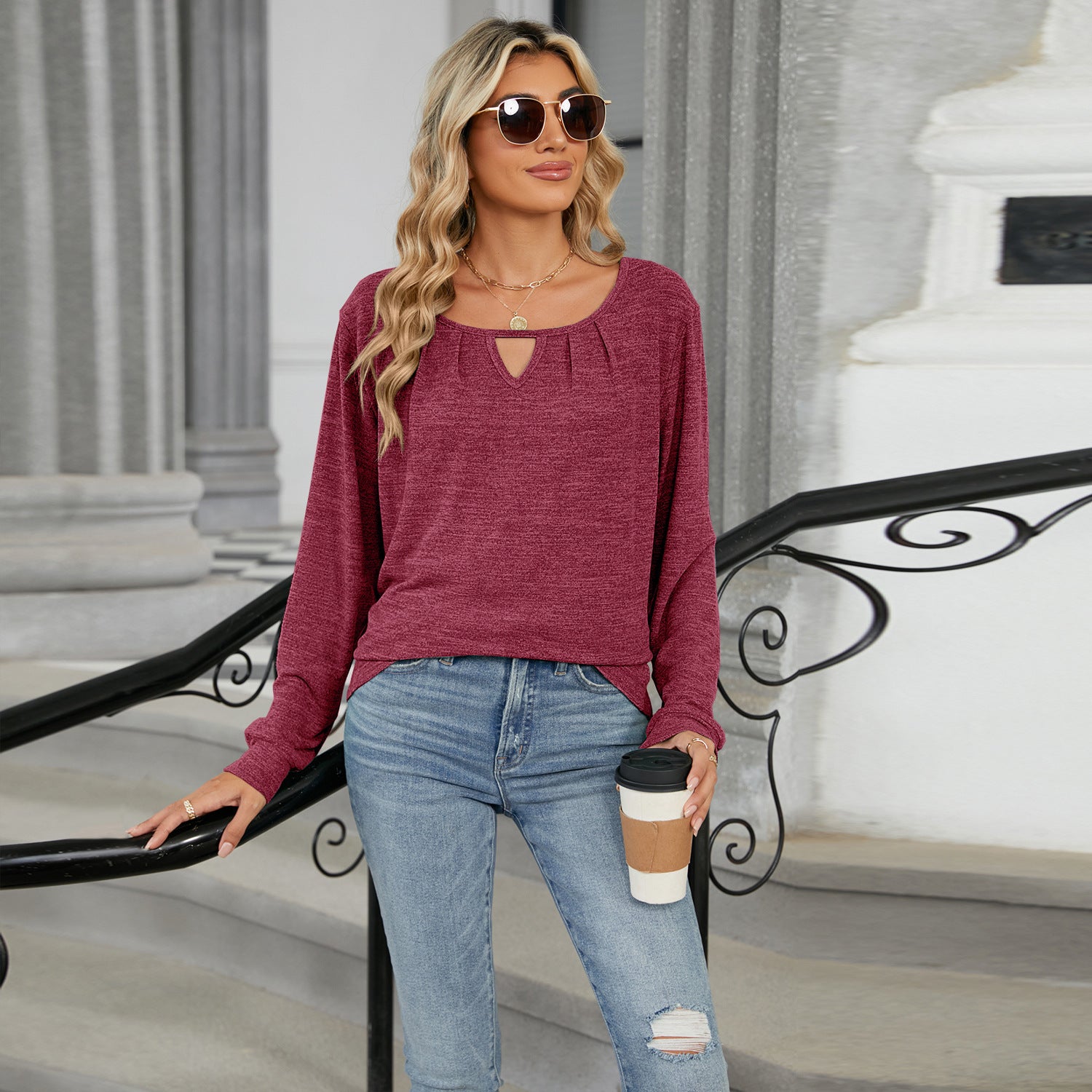 Fashi Glow Solid Color Loose Long Sleeve T-Shirt  Casual Women’s Top for Everyday