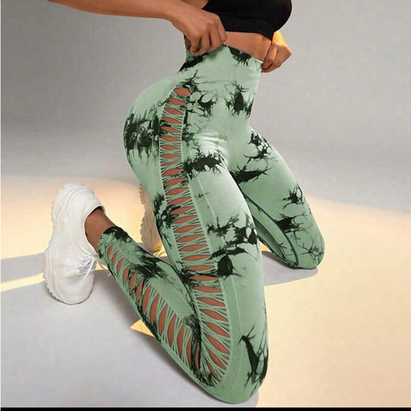Fashi Glow Hollow Tie-Dye Yoga Pants – High Waist Butt Lift Seamless Fitness & Gym