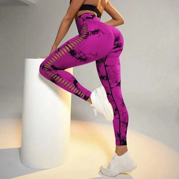 Fashi Glow Hollow Tie-Dye Yoga Pants – High Waist Butt Lift Seamless Fitness & Gym