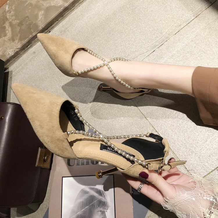 Fashi Glow Suede Rhinestone Pointed Stiletto Sandals – Elegant High Heels for Women