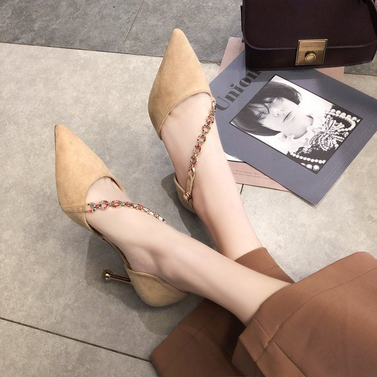Fashi Glow Suede Rhinestone Pointed Stiletto Sandals – Elegant High Heels for Women