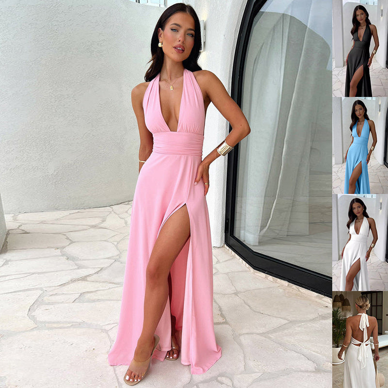 Fashi Glow Sexy Halterneck V-Neck Slit Dress  Backless Strappy Summer Skirt for Elegant Women’