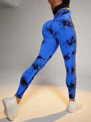 Fashi Glow Hollow Tie-Dye Yoga Pants – High Waist Butt Lift Seamless Fitness & Gym