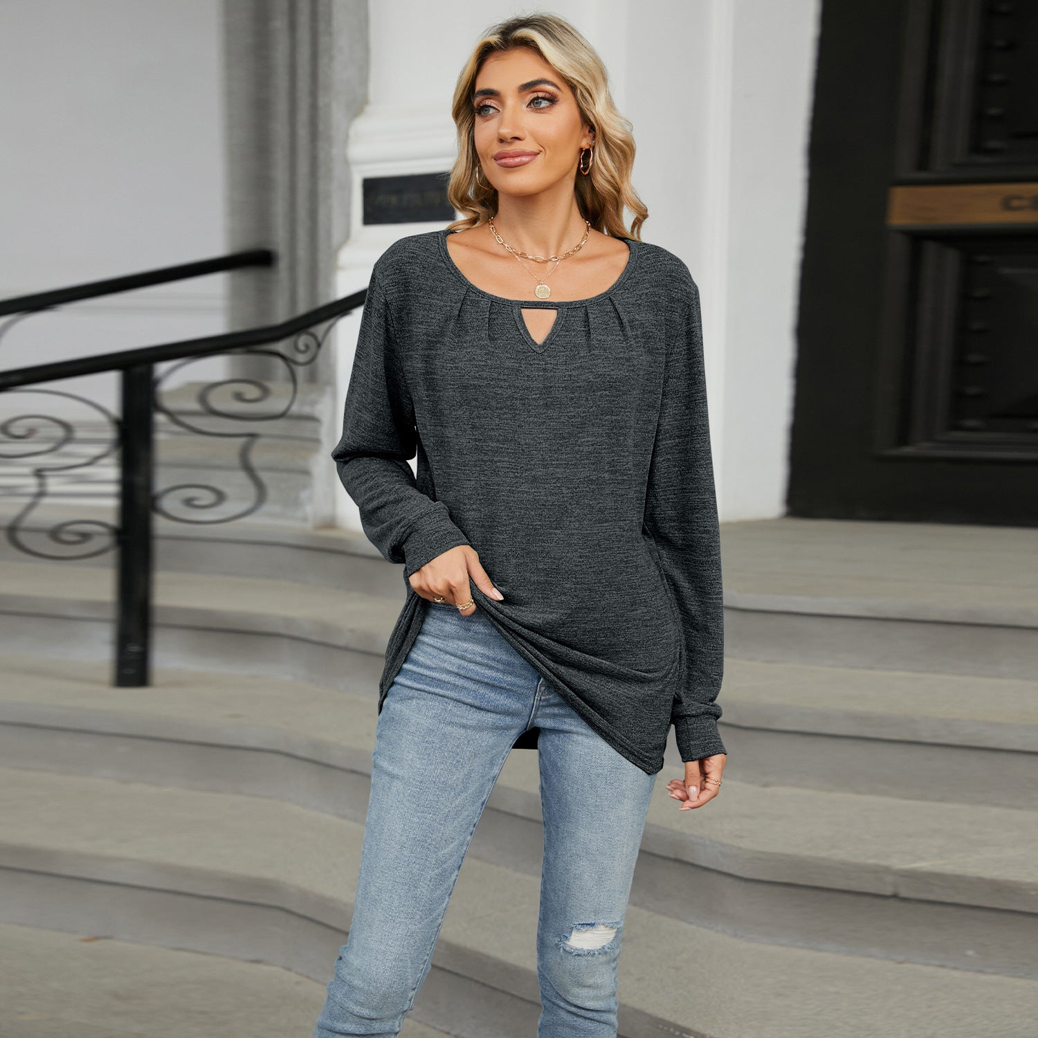 Fashi Glow Solid Color Loose Long Sleeve T-Shirt  Casual Women’s Top for Everyday
