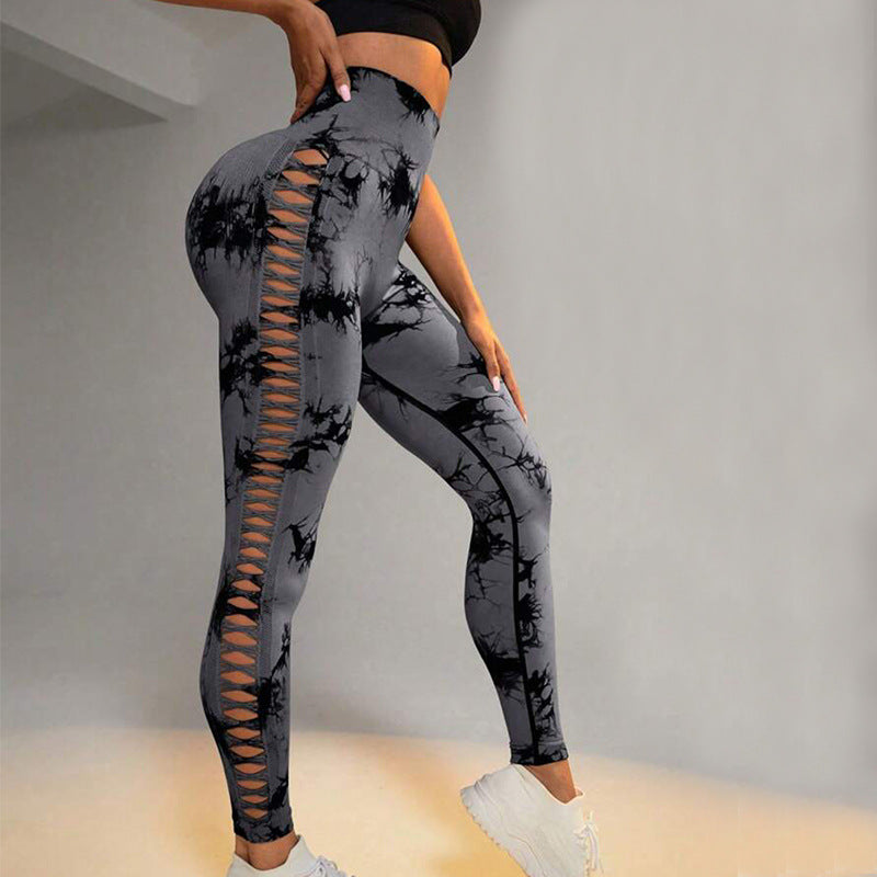 Fashi Glow Hollow Tie-Dye Yoga Pants – High Waist Butt Lift Seamless Fitness & Gym