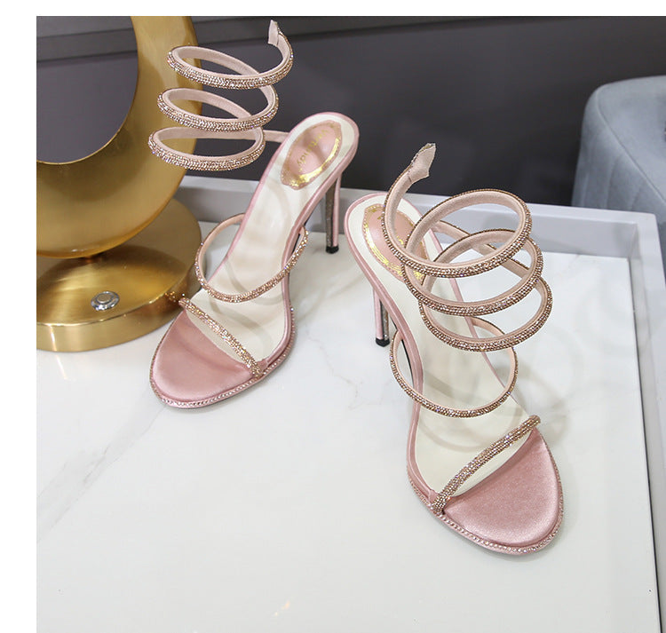 Fashi Glow Rhinestone Ankle-Strap Stiletto Sandals Elegant High Heels for Women, Sparkling Style for Parties