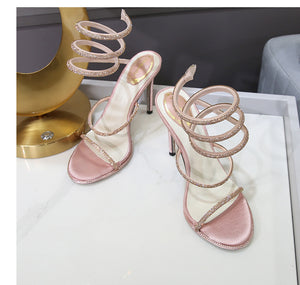 Fashi Glow Rhinestone Ankle-Strap Stiletto Sandals Elegant High Heels for Women, Sparkling Style for Parties