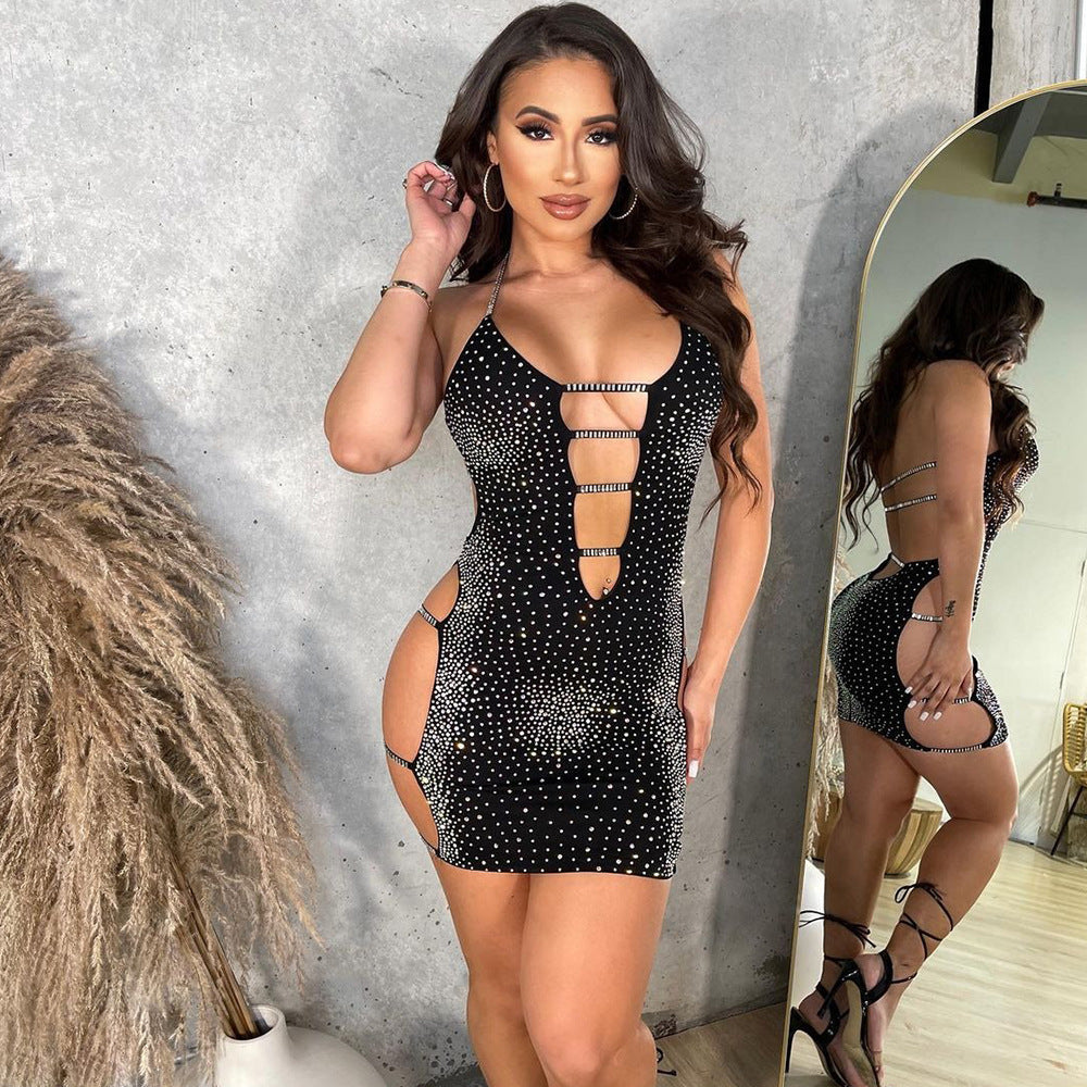 Fashi Glow Sexy Cutout Rhinestone Strap Dress  Backless Bodycon Clubwear for Women