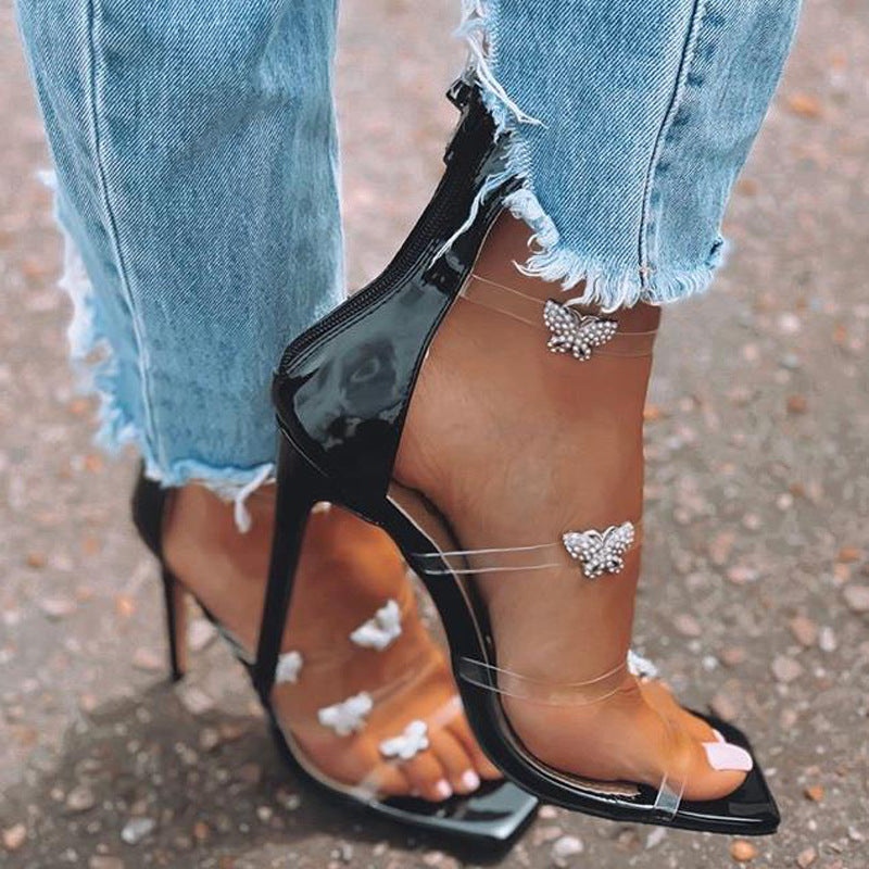 Fashi Glow Rhinestone Butterfly Transparent Stiletto Sandals