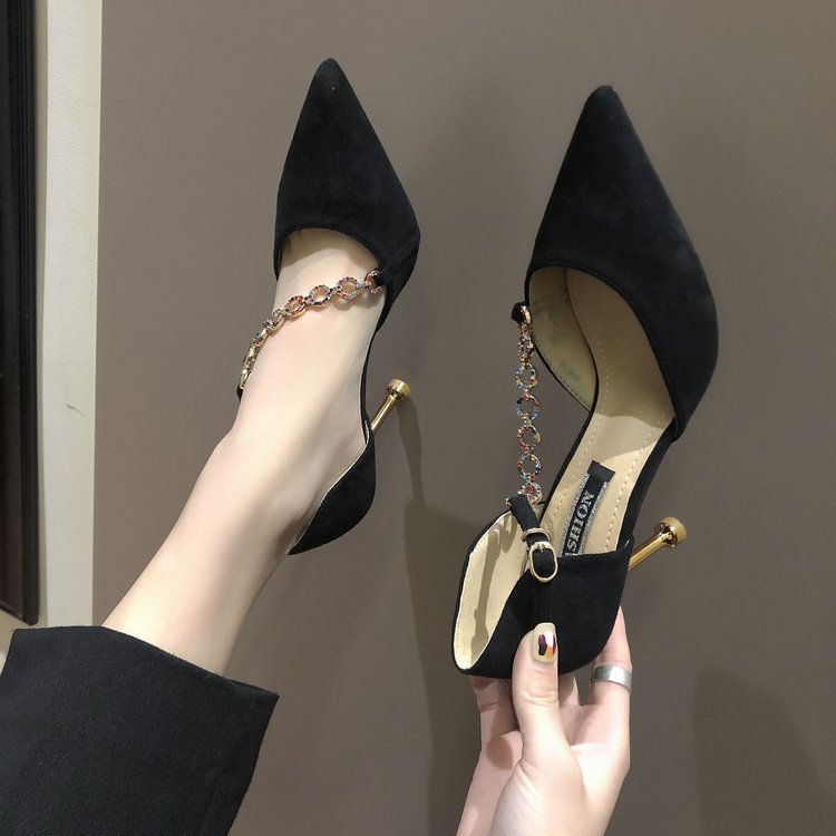 Fashi Glow Suede Rhinestone Pointed Stiletto Sandals – Elegant High Heels for Women