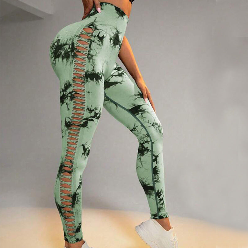 Fashi Glow Hollow Tie-Dye Yoga Pants – High Waist Butt Lift Seamless Fitness & Gym