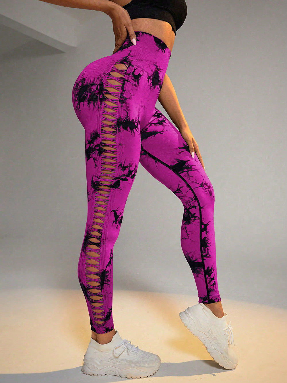 Fashi Glow Hollow Tie-Dye Yoga Pants – High Waist Butt Lift Seamless Fitness & Gym