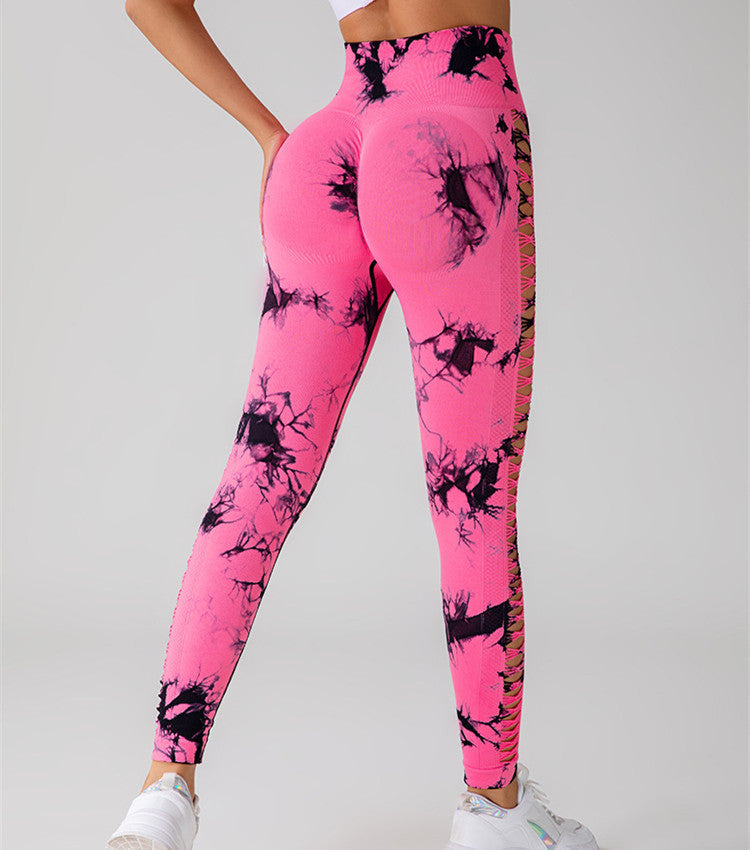 Fashi Glow Hollow Tie-Dye Yoga Pants – High Waist Butt Lift Seamless Fitness & Gym