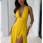Fashi Glow Sexy Halterneck V-Neck Slit Dress  Backless Strappy Summer Skirt for Elegant Women’