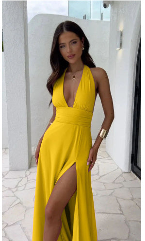 Fashi Glow Sexy Halterneck V-Neck Slit Dress  Backless Strappy Summer Skirt for Elegant Women’