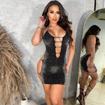 Fashi Glow Sexy Cutout Rhinestone Strap Dress  Backless Bodycon Clubwear for Women