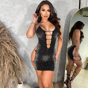 Fashi Glow Sexy Cutout Rhinestone Strap Dress  Backless Bodycon Clubwear for Women